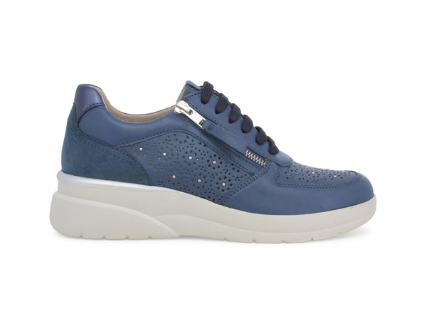 Melluso Sneaker Donna Pelle Traforata Strass Zip Platform Blu